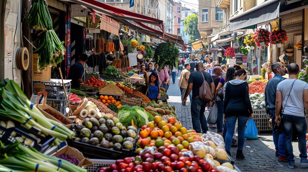 A bustling openair market is full of people shopping for fresh produce