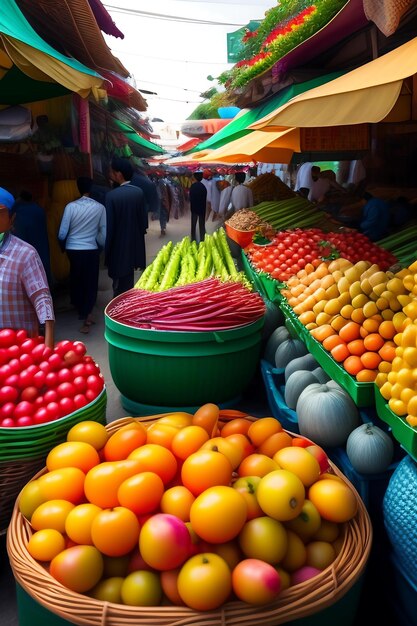 Bustling outdoor market with colorful fruits and vegetables travel in asia and south america