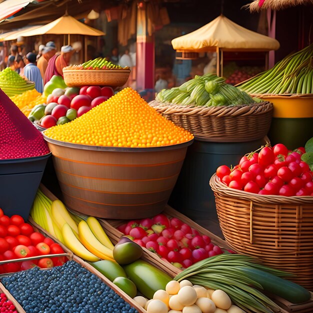 Bustling outdoor market with colorful fruits and vegetables travel in asia and south america