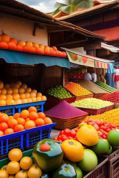 色とりどりの果物や野菜が並ぶ賑やかな屋外マーケット アジアと南米の旅