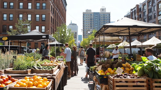 Foto un vivace mercato all'aperto con persone che comprano prodotti freschi ci sono diverse bancarelle che vendono diversi tipi di frutta e verdura