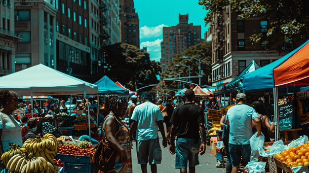 A bustling outdoor market with people walking around and shopping for fresh produce