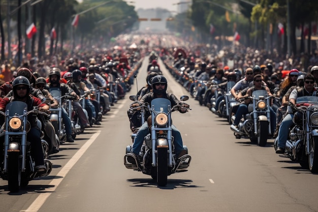 Photo a bustling scene of many individuals riding motorcycles together in unison down a lively street parade of motorcyle with thousands of bikers on the road ai generated