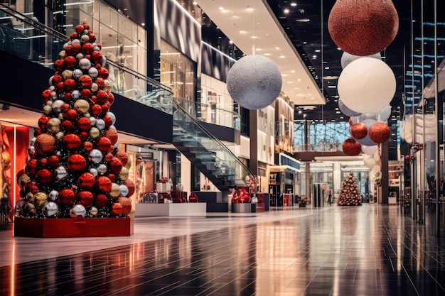 Photo a bustling shopping mall adorned with christmas decorations created with generative ai technology