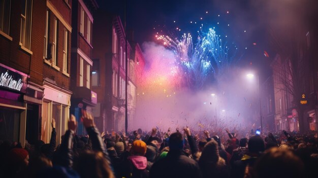 a bustling Silvester street party with people dancing laughing and fireworks in the distance