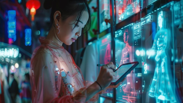화려한 스마트시티 구역에서 중국 패션 디자이너는 디지털 태블릿에 새로운 아이디어를 스케치하고 그녀의 창조물의 홀로그램 디스플레이로 둘러싸여 있습니다.