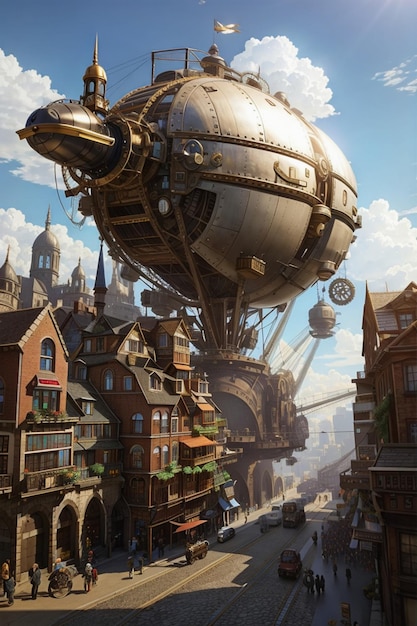 a bustling steampunk city with towering