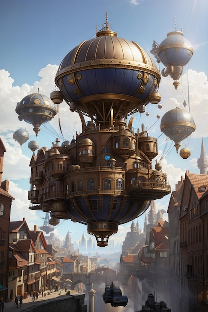 a bustling steampunk city with towering