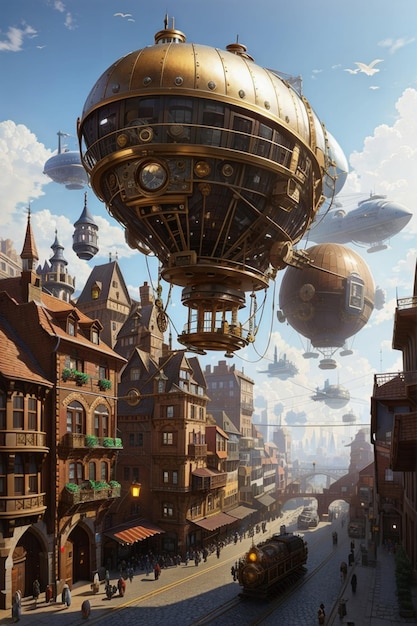 a bustling steampunk city with towering