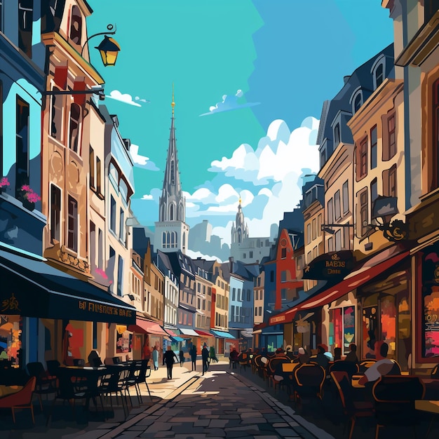 Bustling Street in Brussels with Vibrant Colors and Local Culture