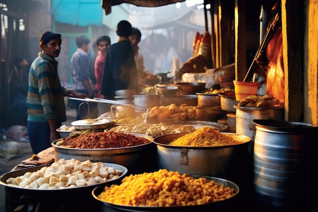Оживленный уличный продуктовый рынок с разнообразными блюдами на выбор.