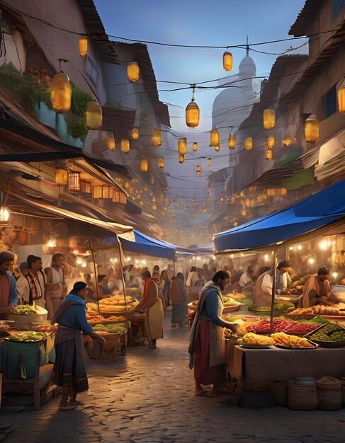 A bustling street market with vendors selling waterefficient appliances