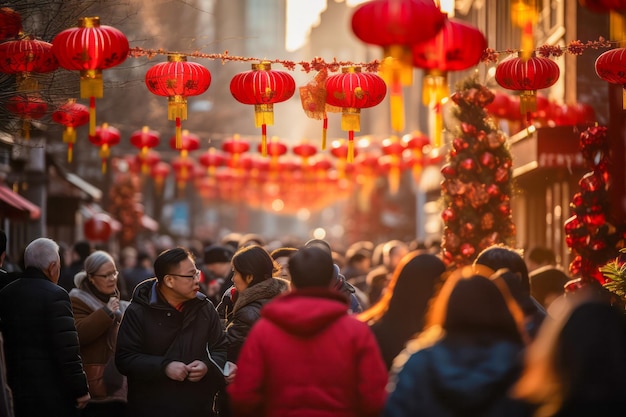 Foto scena di strada affollata con lanterne rosse per il capodanno cinese