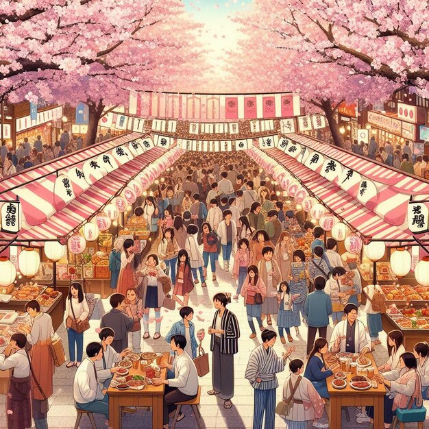 人々が桜の花の下に集まる やかな街 春のショッピング 春のバザール