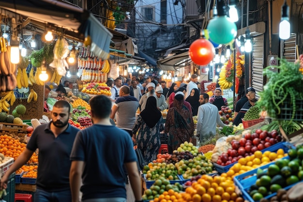 The bustling streets of a Middle Eastern market before Iftar