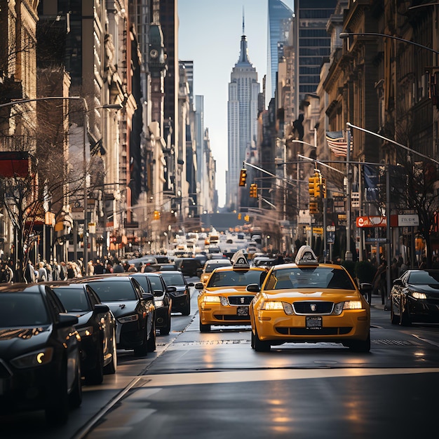 The bustling streets of New York City with yellow taxis honking and people hurrying along sidewalks