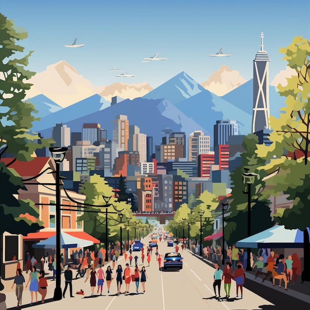 Bustling Vancouver Street with Colorful Shops and Vibrant Street Art