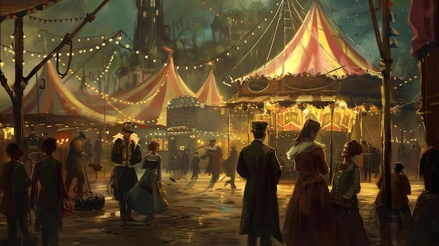 Photo a bustling victorian fairground at night the colorful tents and lights of the attractions are reflected in the puddles on the ground