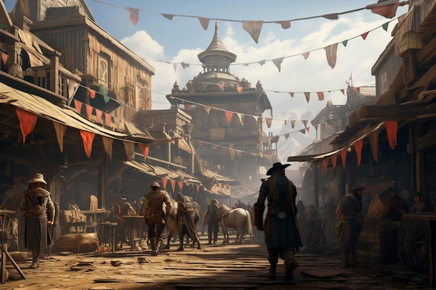 A bustling Western marketplace with traders cowboy 00039 00