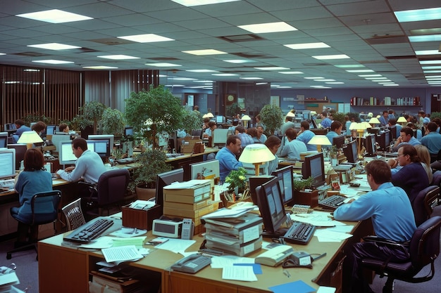 A bustling workplace with a crowd of individuals engrossed in their computer tasks A bustling accounting office filled with eager employees AI Generated