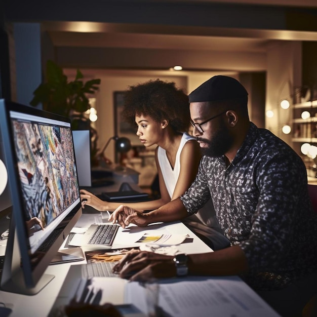 Photo busy african american colleagues using computer with documents in creative office