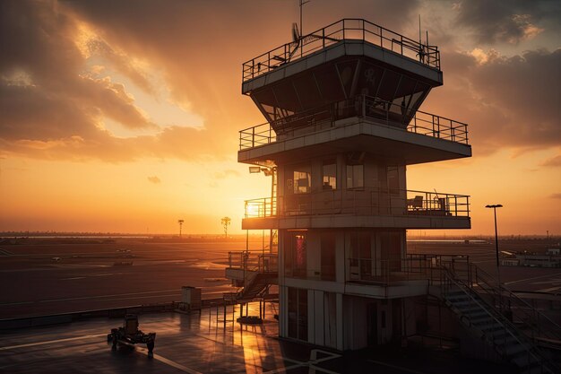 Busy airport in harmony under the setting sun generative IA