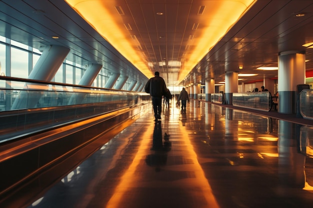 Busy airport scene Two moving walkways carry people forward in a blur