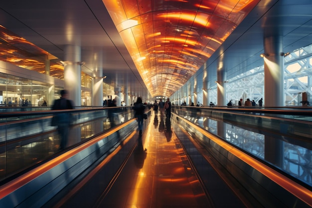 Busy airport scene Two moving walkways carry people forward in a blur