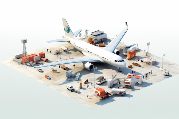 Сцена загруженного аэропорта с самолетом на взлетно-посадочной полосе