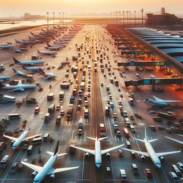 оживленный трафик на асфальте аэропорта перед взлетом самолетов