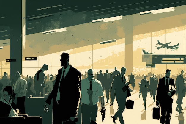 Busy airport terminal with businessmen rushing to catch their flights