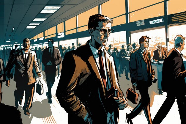 Оживленный терминал аэропорта с бизнесменами, спешащими на свои рейсы