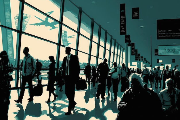 Busy airport terminal with businessmen and women rushing to their flights