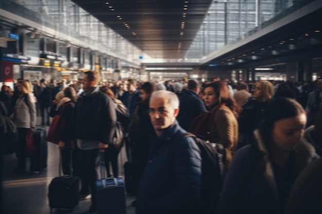 Busy airport terminal with travelers in focused rush