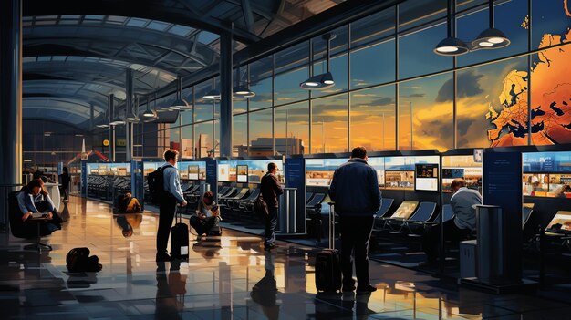 Photo a busy airport with travelers representing wallpaper