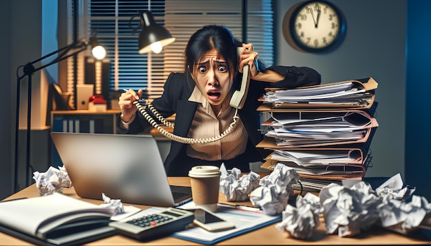 Photo a busy asian woman professional overwhelmed with an excessive amount of work