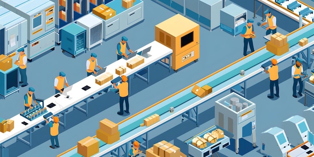 Photo busy assembly line with workers and products