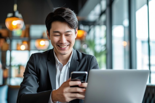 Busy Aziatische leidinggevende met telefoon en laptop op kantoor