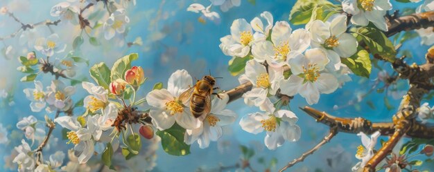 A Busy Bee Buzzes Amongst the Blossoming Branches of an Apple Tree Spreading Springs Vital Pollen