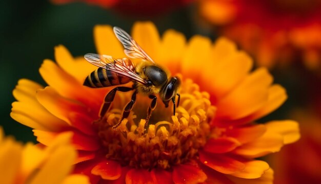 Busy bee picking up pollen from flower head generated by AI