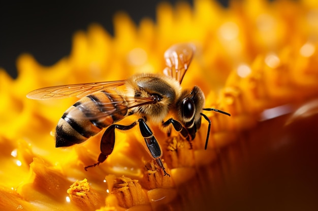 忙しいミツバチが金色の花粉に包まれたヒマワリの蜜を集め、活気に満ちた相乗効果をもたらします