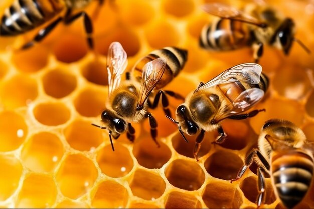 Busy bees on honeycomb honey production by a hive ai