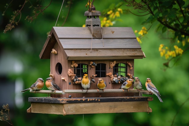 Busy birdhouse and feeder with multiple birds visiting created with generative ai