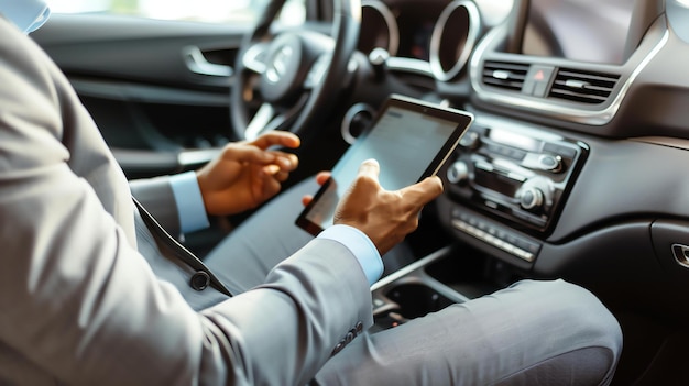 Photo busy businessman multitasking on his tablet while traveling in a luxury car keeping up with work onthego