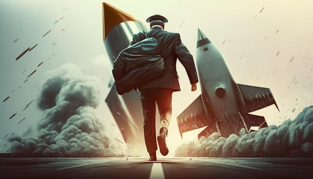 The busy businessman running and rocket shot into space Concept of successful career or business goal achievement