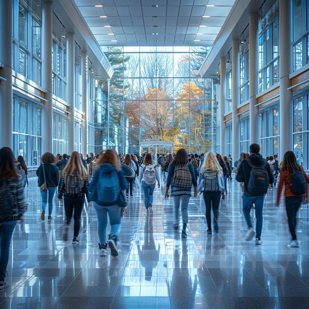 Busy campus life with students walking through university halls