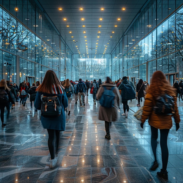 Busy campus life with students walking through university halls