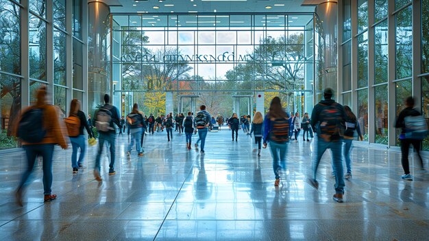 Busy campus life with students walking through university halls