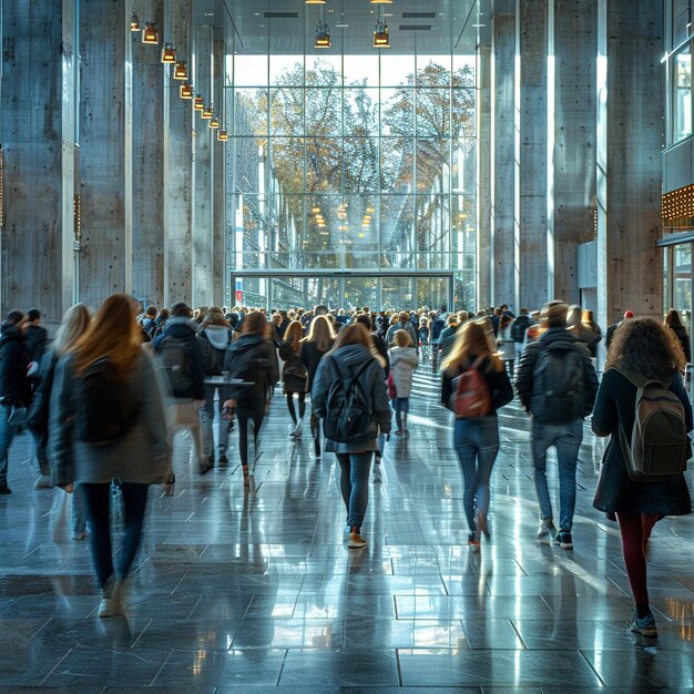 Busy campus life with students walking through university halls