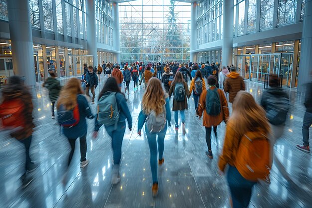 Busy campus life with students walking through university halls